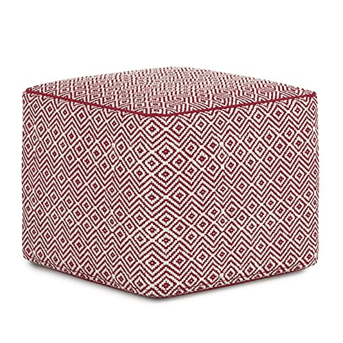 SIMPLIHOME Brynn Square Pouf, Footstool, Upholstered in Patterned Maroon and Natural Cotton, for the Living Room, Bedroom and Kids Room, Transitional, Modern