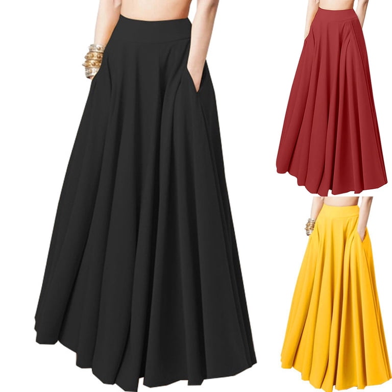JSKUMAR Women's High Waist Skirt Casual Loose Ruffle Skirt Solid Color Flowy Dress Plus Size Pleated Maxi Skirt Long Skirts Black,XL