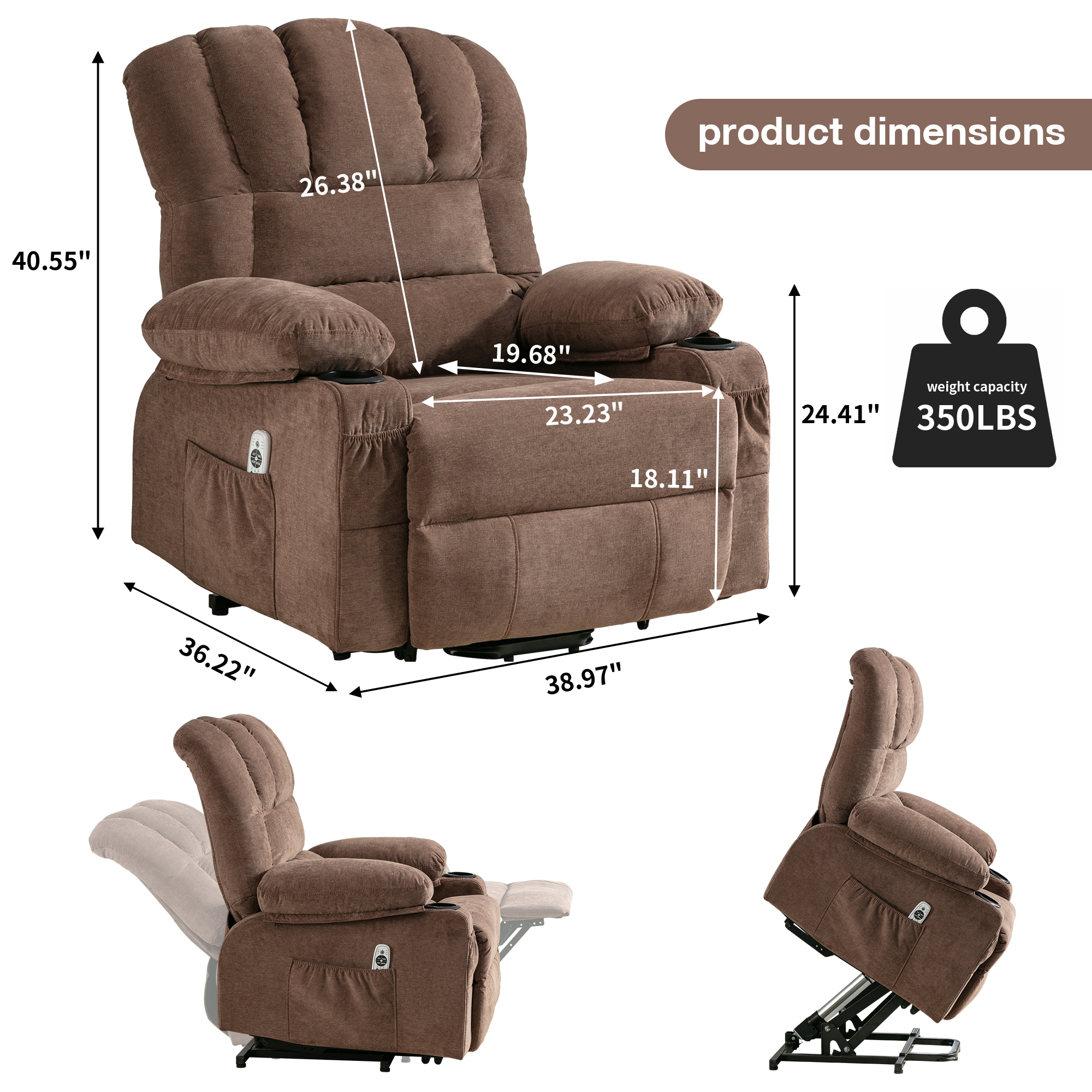 UHOMEPRO Power Lift Recliner Chair for Elderly with Heat and Massage, Recliner Chair for Livingroom with Infinite Position and Side Pockets , USB Charge Port, Cup Holders Fabric, Brown