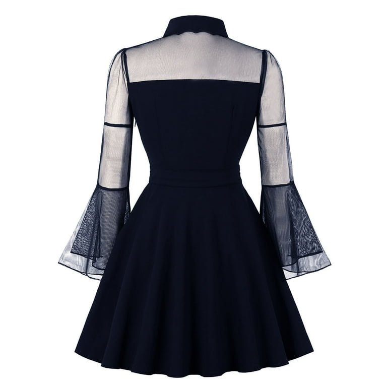 long sleeve collar skater dress Njagoc3 Womens Long Sleeve Contrast Collar Skater Dress, Solid Color, Gothic & Casual Wear, Edgy Design, Women's, Size: Medium