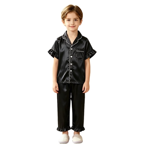 SJLDQY Satin Pajamas for Girls Button Down Short Sleeve Shirts Ruffle Pants 2 Piece Silk Pjs Sets Summer Sleepwear Breathable Soft Loungewear Sets