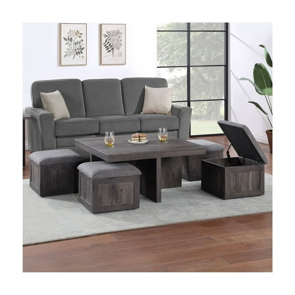 Moseberg Brown Rustic Wood Coffee Table with Storage Stools