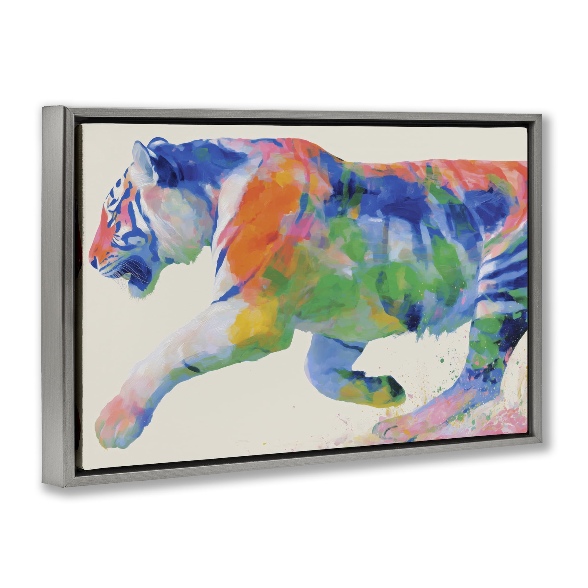 Stupell Industries Colorful Tiger In Motion Gray Framed Floater Canvas Wall Art, design by Chromatic Storm Studio