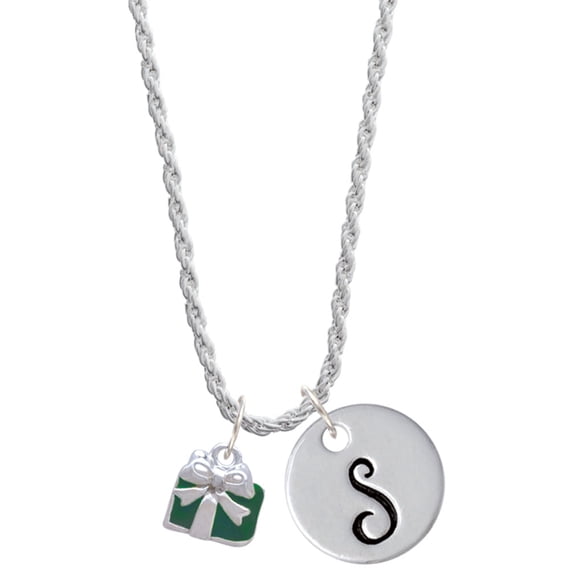 Delight Jewelry Silvertone Small Green Enamel Present Silvertone Script Initial Disc - S - Charm Necklace, 20"+3"