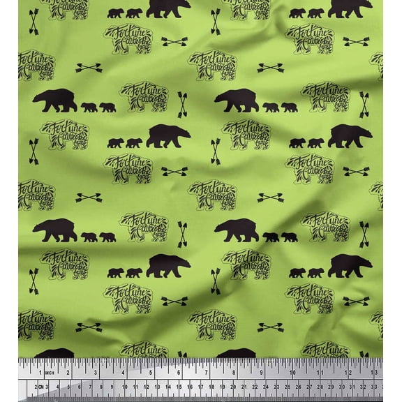 Soimoi Green Cotton Voile Fabric Bear & Text Print Fabric by Yard 42 Inch Wide