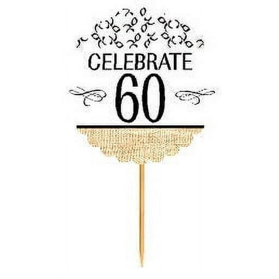 60th Birthday / Anniversary Novelty Burlap Cupcake Decoration Picks -12pack