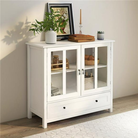 Direct Wicker UBS-W28227723 Storage Cabinet with Double Glass Doors and Unique Bell Handle for Living Room, Bathroom and Bedroom