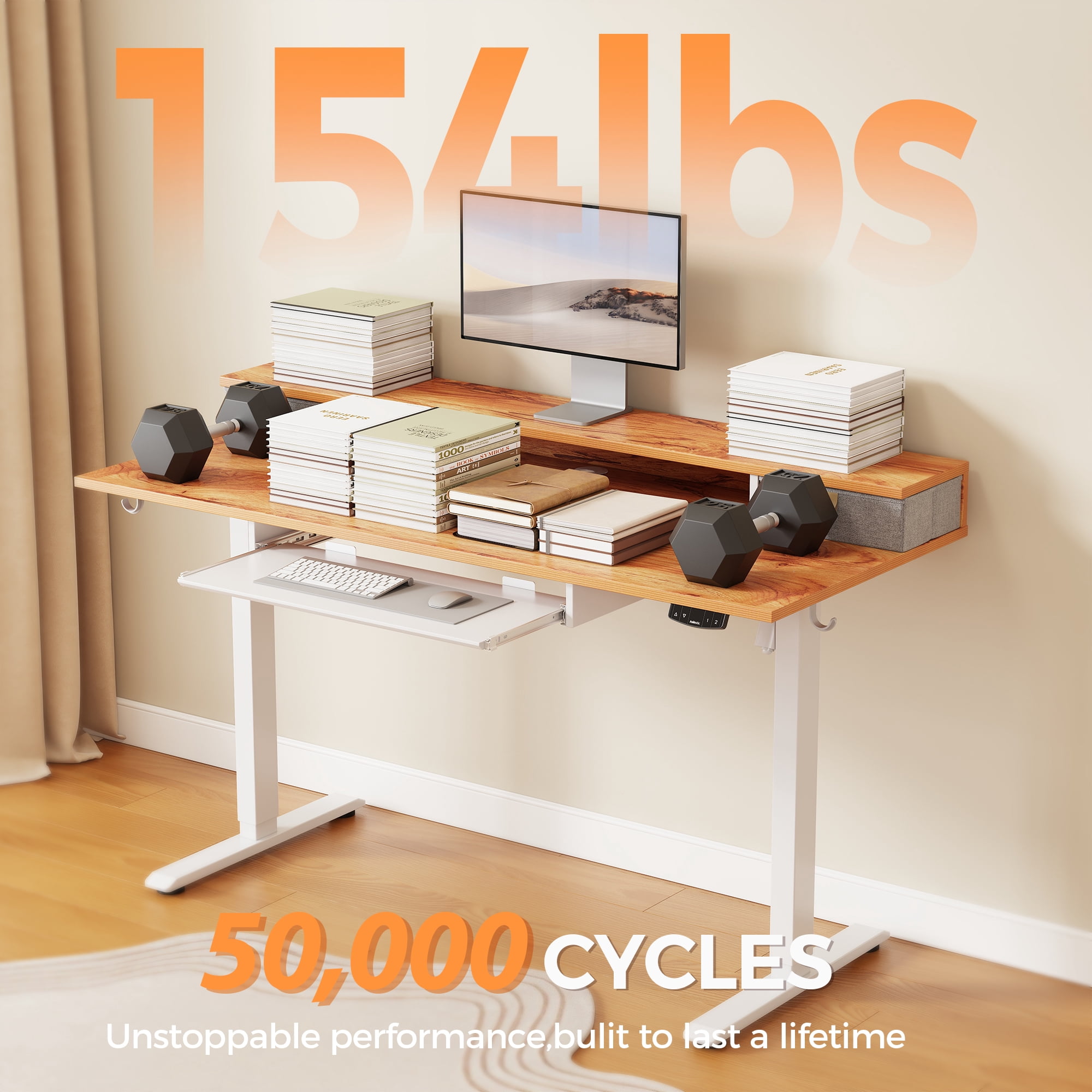 47.2 Inch Electric Standing Desk with 2 Drawers & Keyboard Tray, Adjustable Home Office Desk Ergonomic Sit to Stand Computer Desk with Hooks for Gaming & Work,Light Rustic Brown