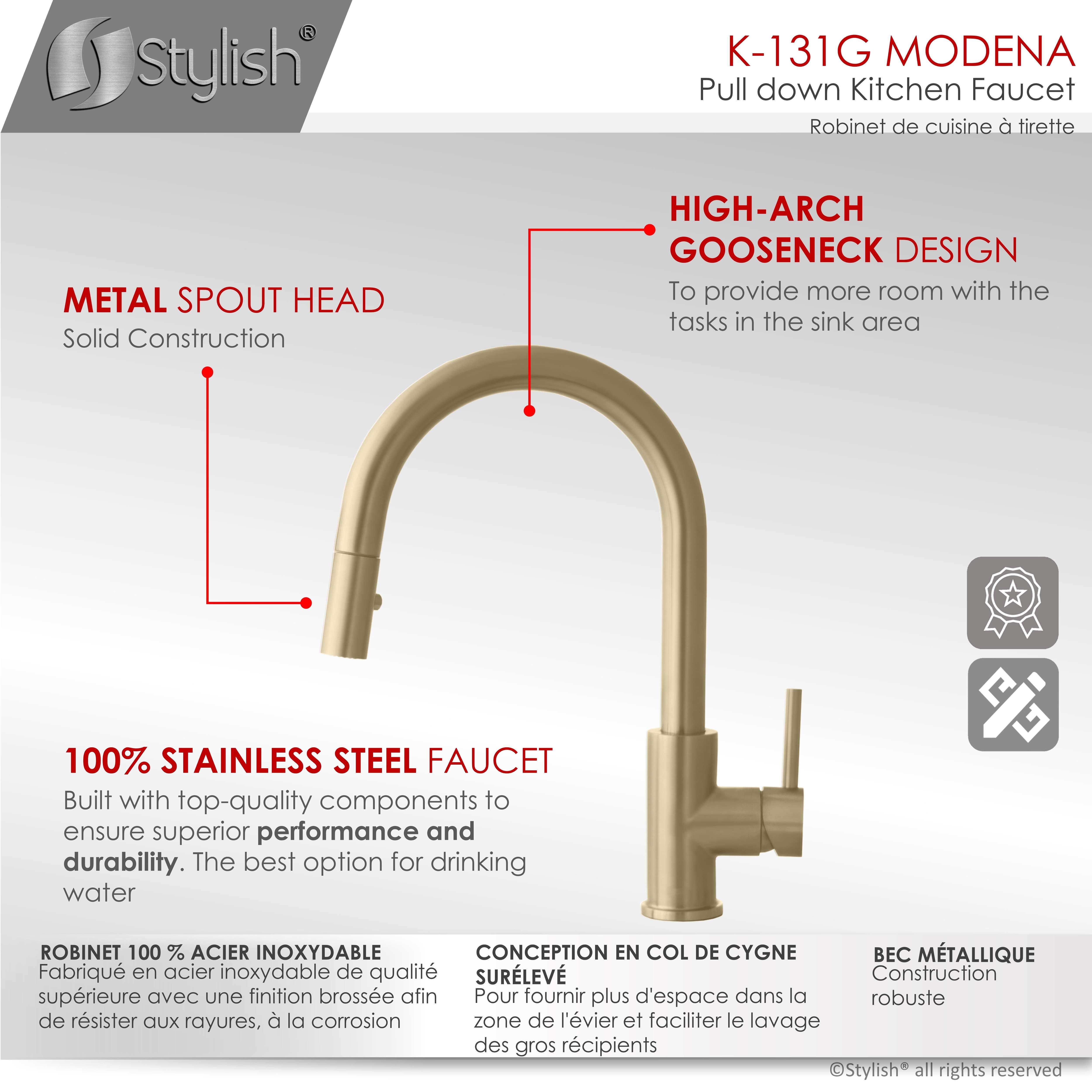 Stylish Modena Ht 14" Brushed Gold Single Handle Pull Down Kitchen Faucet K-131G