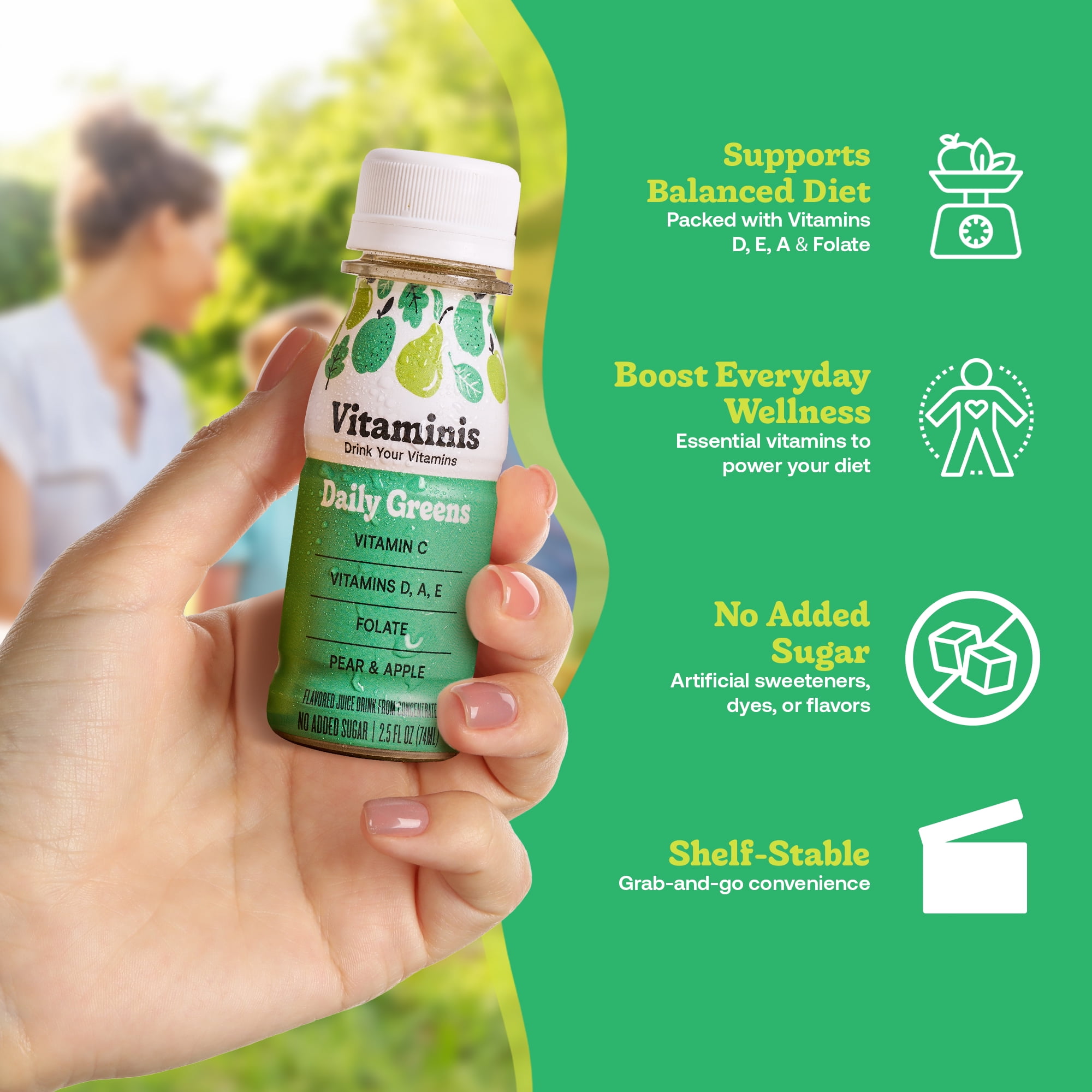 Vitaminis Daily Greens Shot, Apple Pear Juice Drink with Vitamins C, D, A, E & Folate, No Added Sugar, Non-GMO, Gluten-Free, Shelf-Stable Mini Bottles, 2.5 fl oz, 4 Count