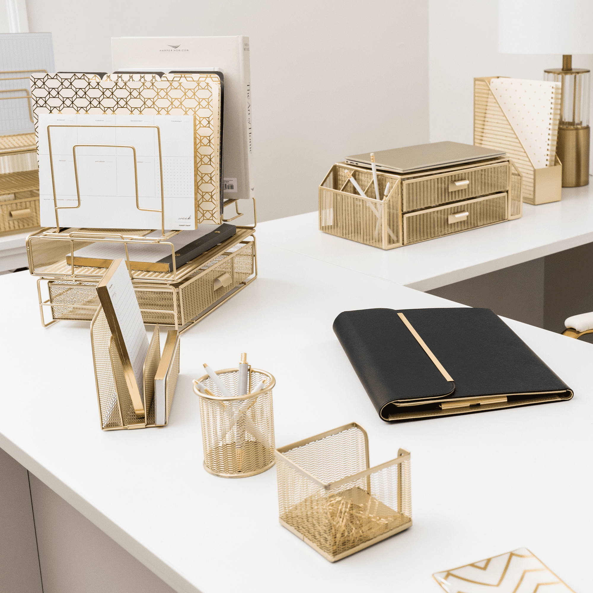 Gold Desk Organizer - Gold Desk Accessories for Women Office Set Includes Detachable File Organizer, Stackable Paper Tray, Stackable Drawer - Gold Office Supplies for Desk Gold File Organizer for Des