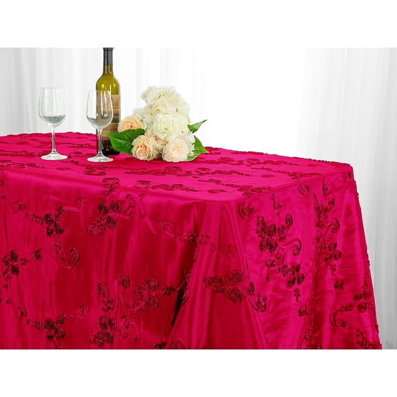 Wedding Linens Inc. 90" x 132'' Rectangular Ribbon Taffeta Tablecloth for Wedding, Luxury Events, Party use - Fuchsia