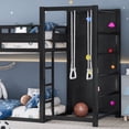 thumbnail image 6 of Twin XL size metal loft/bunk bed with basketball hoop, pull-up rings, climbing wall, and built-in bookshelves. Playful childlike  design featuring a slide,Black., 6 of 22