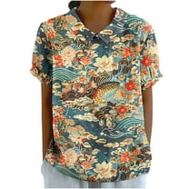 Linen Tops for Women Summer Collared Short Sleeve Tops Pullover Sweater Blouses Floral Printed Tunic Blouses Baggy Boho Dressy Shirts Going Out Beach Holiday Outfits 2025