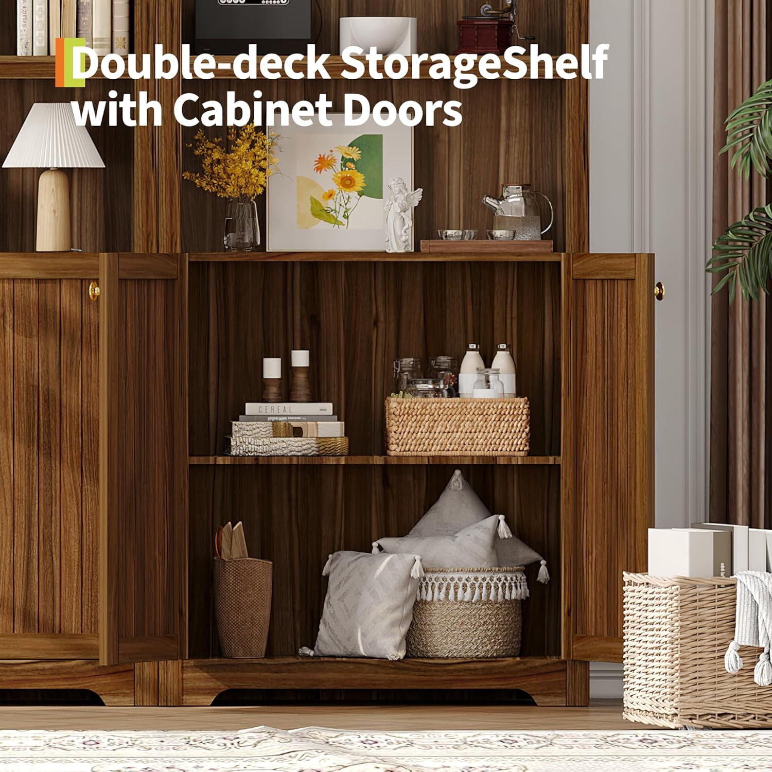 72" Tall Arched Pantry Cabinet with Doors, 5-Tier Kitchen Pantry Cabinet with Adjustable Shelf & Gold Handles, Wood Storage Cabinet for Dining Room, Kitchen, Living Room, Walnut