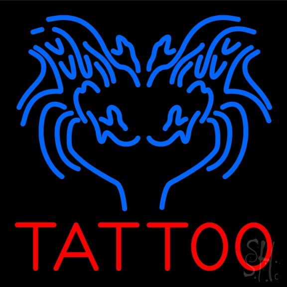 Blue Tattoo Logo LED Neon Sign 16" Tall x 16" Wide - inches Black Square Cut Acrylic Backing, with Dimmer - Premium built indoor Sign for Storefront, Store interior, Workshop, Studio.