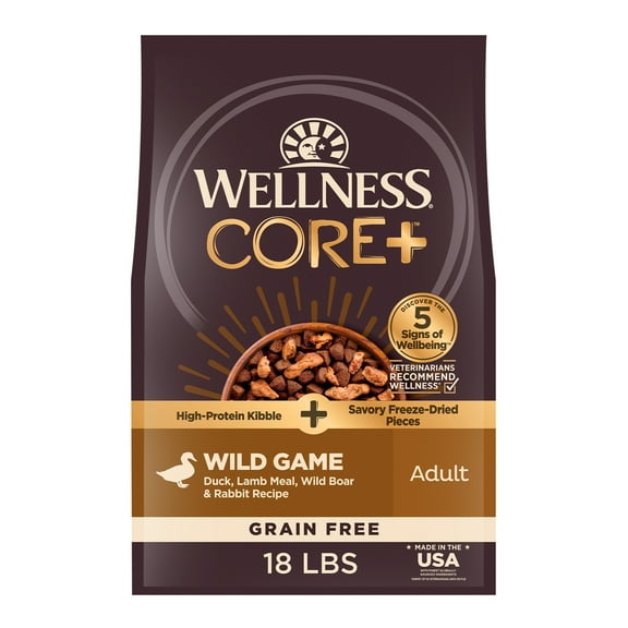 Wellness CORE  Dry Dog Food with Freeze Dried Pieces, Grain Free, High Protein, Natural, Wild Game Duck, Lamb, Wild Boar, & Rabbit Recipe, (18-Pound Bag)