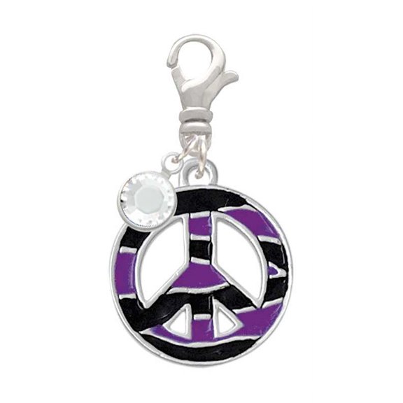 Delight Jewelry Silvertone Large Purple Tiger Print Peace Sign - Silvertone Clip on Charm with Clear Crystal Drop
