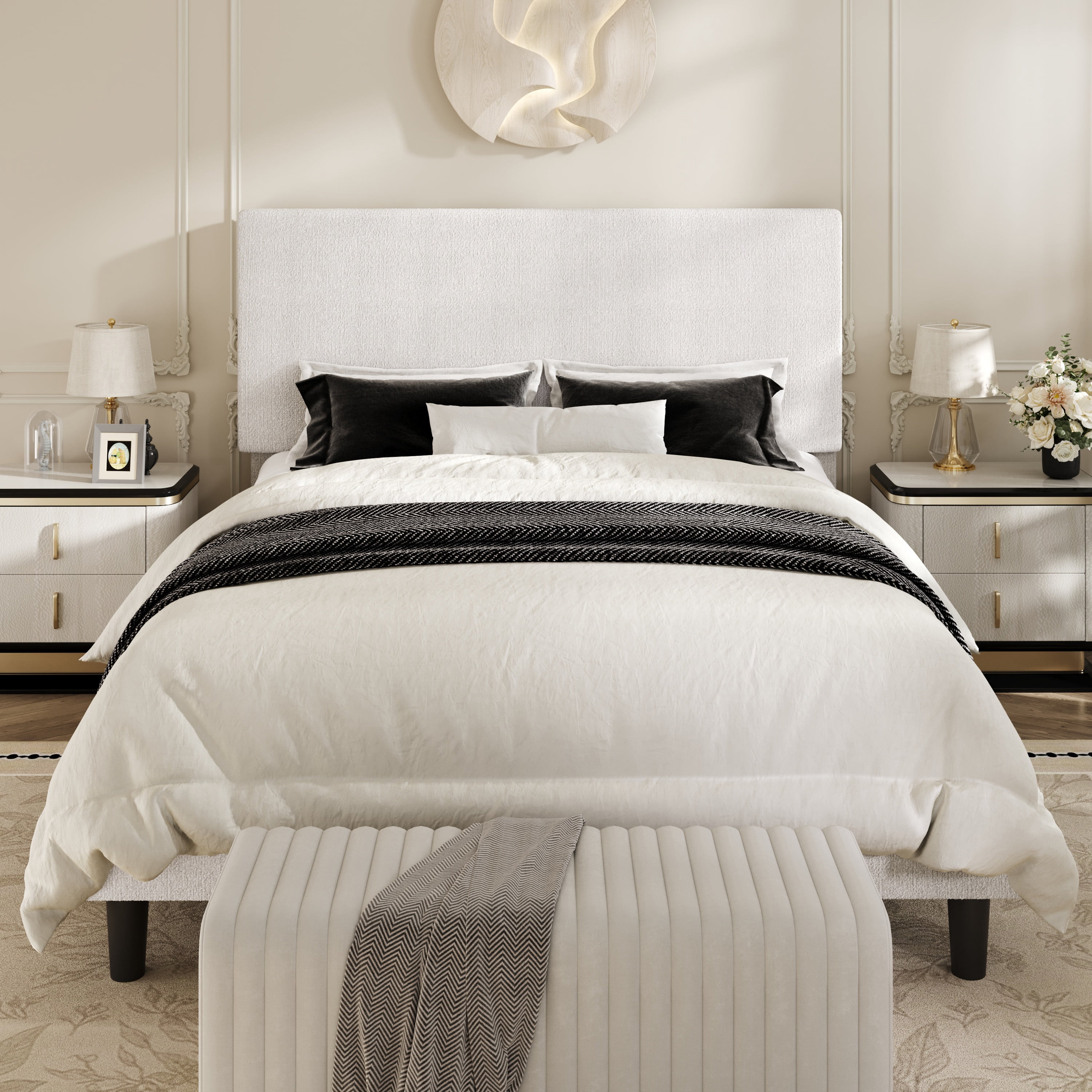 Amolife Queen Bed Frame, Platform Bed Frame with Upholstered Adjustable Headboard, White, Nubby Fabric