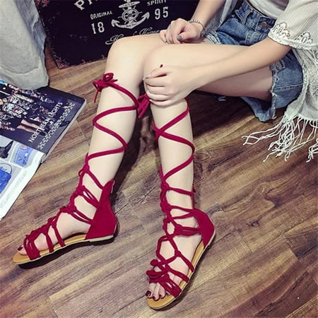 

LoyisViDion Womens Sandals Clearance Summer Fashion Solid Color Large Size Cross Strap Flat Open Toe Sandals Rollback Red 7.5