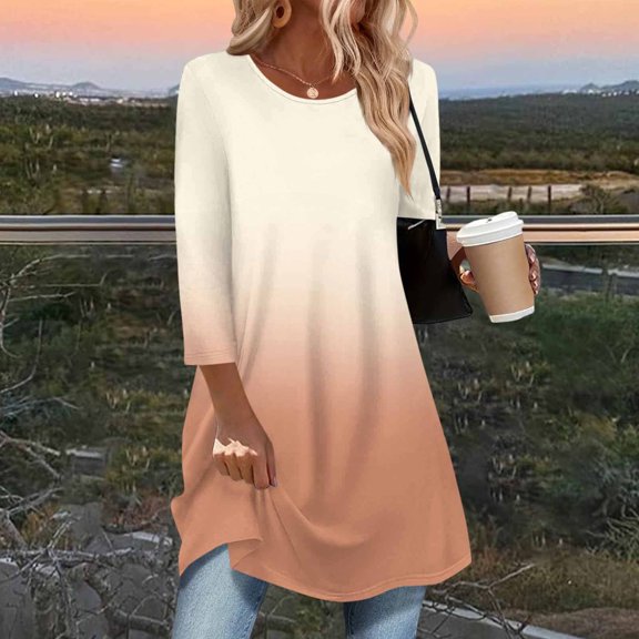 Guieoi Womens Tops Plus Size Women's Trendy 3/4 Sleeve Long Top with Curved Bottom Beige