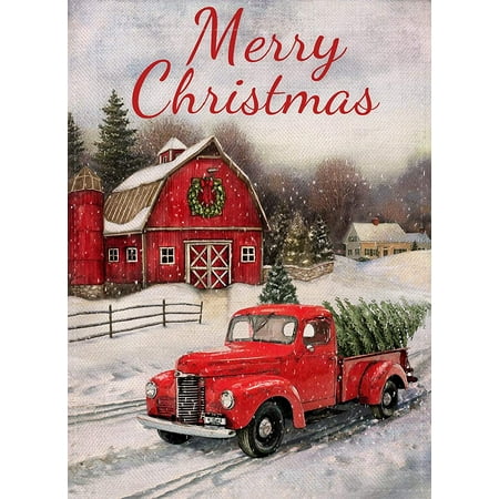 Home Decorative Merry Christmas Garden Flag Red Truck Double Sided, House Yard Flag Xmas Pickup, Outside Holiday Yard Decorations