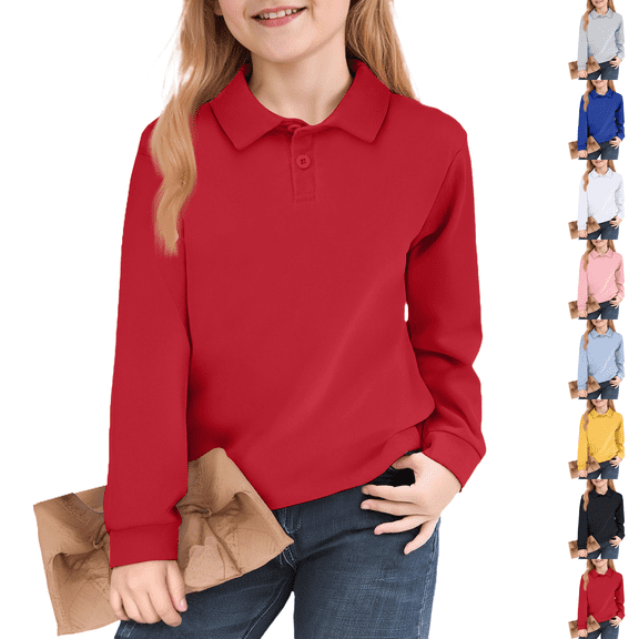 2026 New Polo Shirts for Kids Long Sleeve Solid Casual Uniform Top for School Boys Girls Red 100