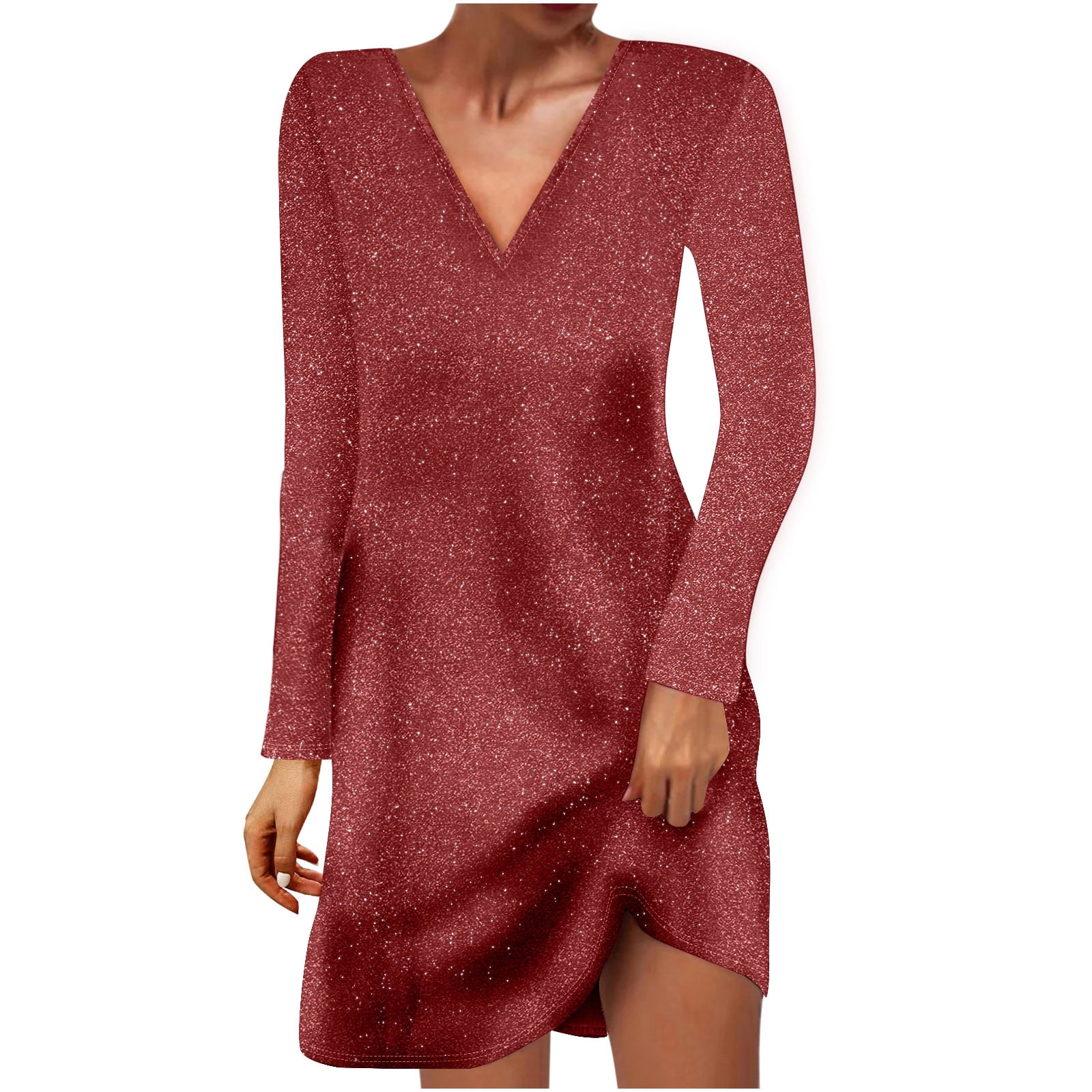 AherBiu Party Dresses for Women Sparkly Long Sleeve V Neck Loose