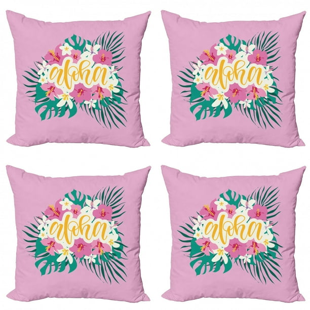 Aloha Throw Pillow Cushion Case Pack of 4, Hand Lettering with Hibiscus ...