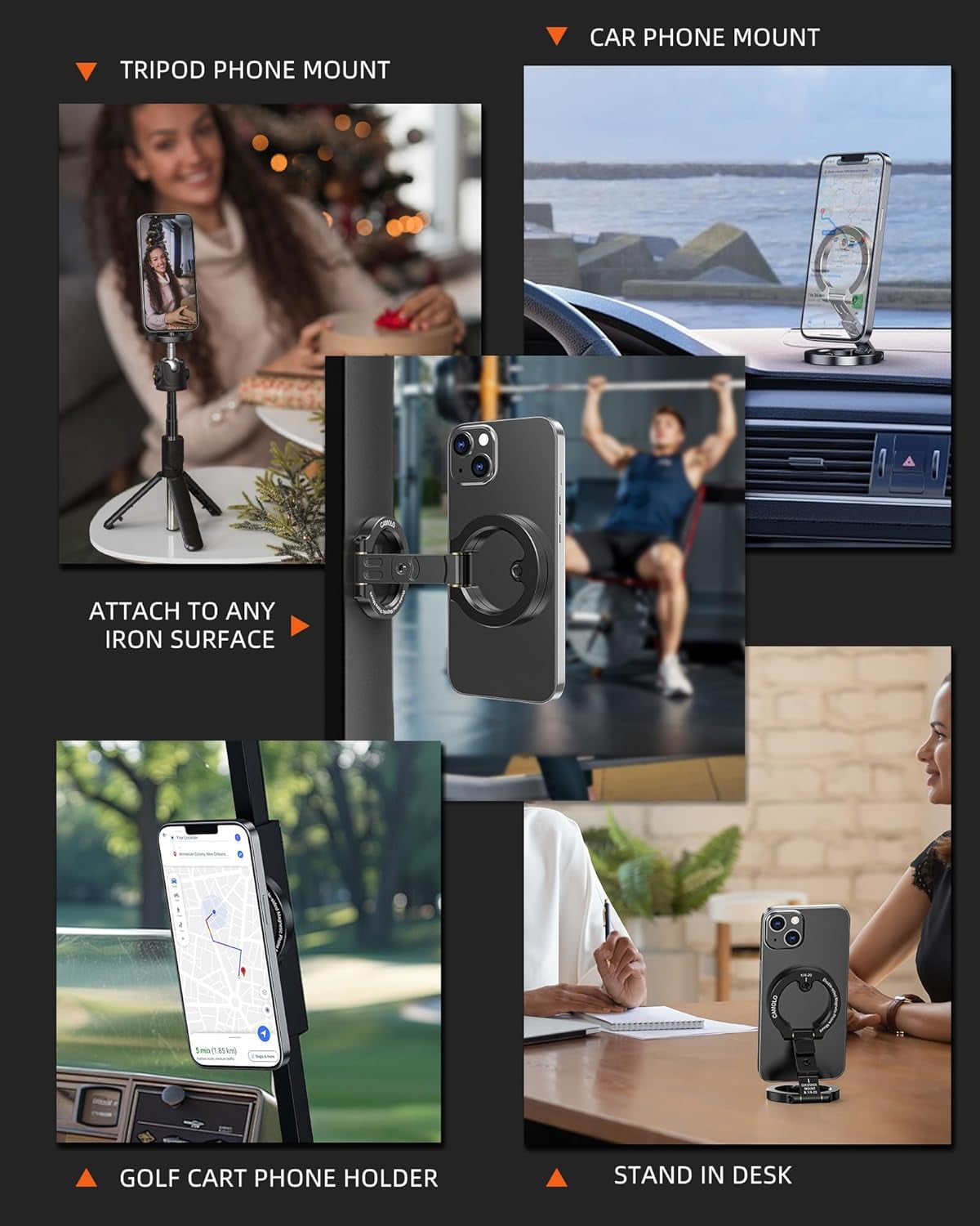 CAMOLO Dual Magnetic Phone Holder Compatiable with Magsafe iPhone 16 15 14 13 12 Pro Max Plus Series 1/4" Screw Tripod Mount Gym Magnetic Phone Stand Travel