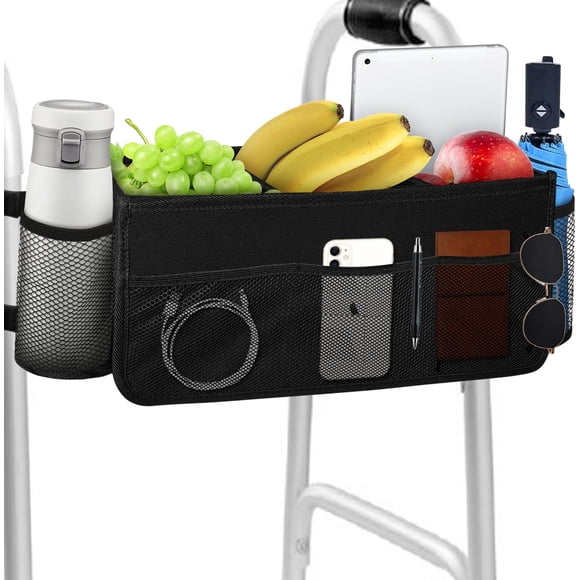 Walker Basket with Cup Holder, Walker Bags for Folding Walker, Walker Accessories with 2 Dividers, Basket for Walker with Big Capacity Detachable