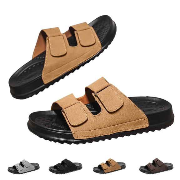 ZROVA Men's Double Strap Slides, Adjustable Closure EVA Sole Arch Support Sandals, Classic Summer Casual Beach Walking Shoes, Sizes 6.5-12