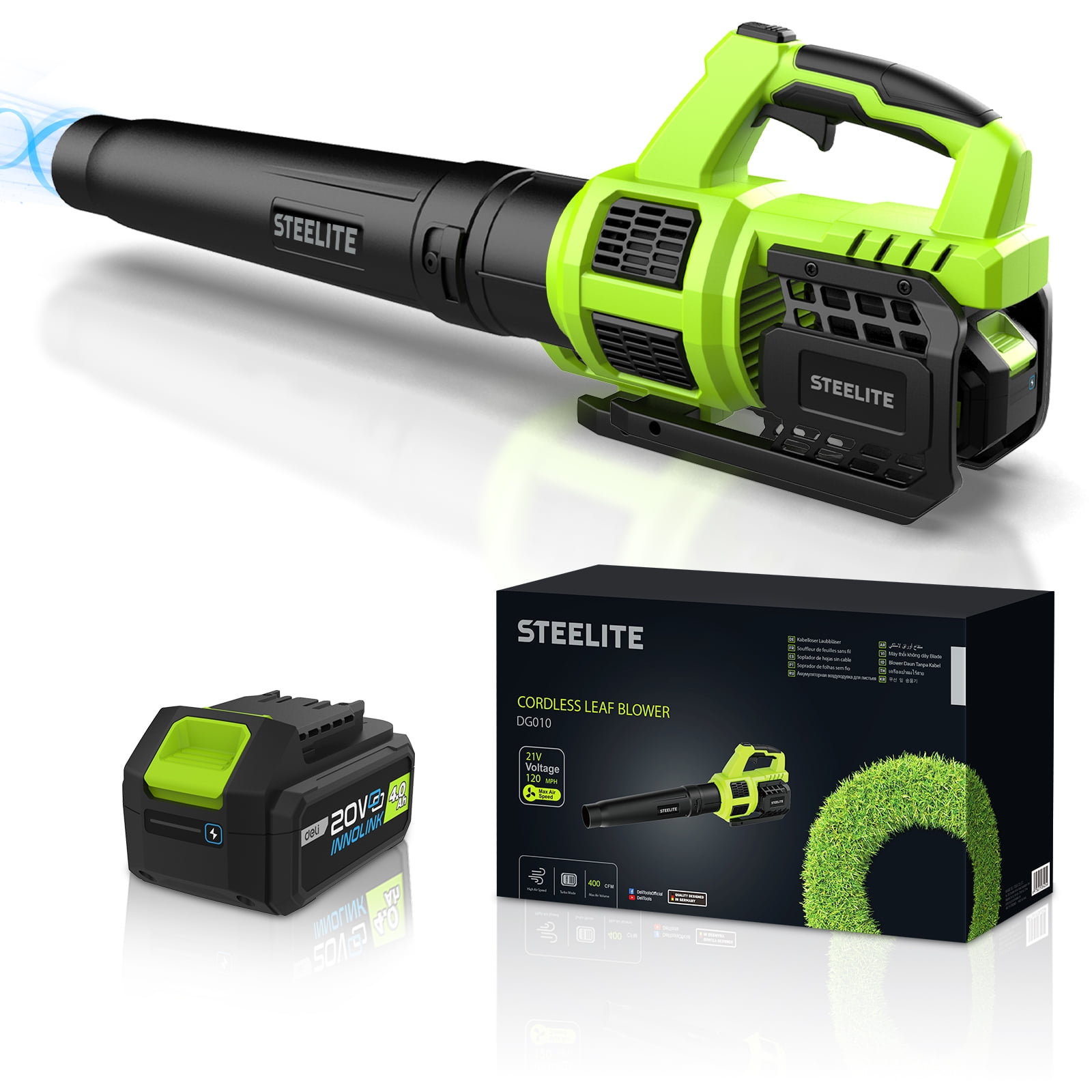 Steelite 21V Cordless Leaf Blower,120 MPH 480 CFM,Electric Lightweight Blower with  4.0Ah Battery Pack and Charger,for Lawn Care, Patio Cleaning, Blowing Leaves and Dust