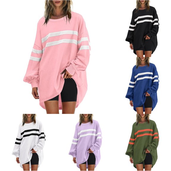 Yuhangmm Womens Hoodies Pullover Womens Oversized Striped Sweatshirt Long Sleeve Crew Neck Casual Pullover Tunic Tops with Cozy Warm Material Pink XXXL