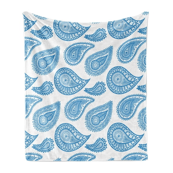 Paisley Soft Flannel Fleece Throw Blanket, Abstract Continuous Pattern with Traditional Elemental Motif Artwork, Cozy Plush for Indoor and Outdoor Use, 60" x 80", Azure Blue and White, by Ambesonne