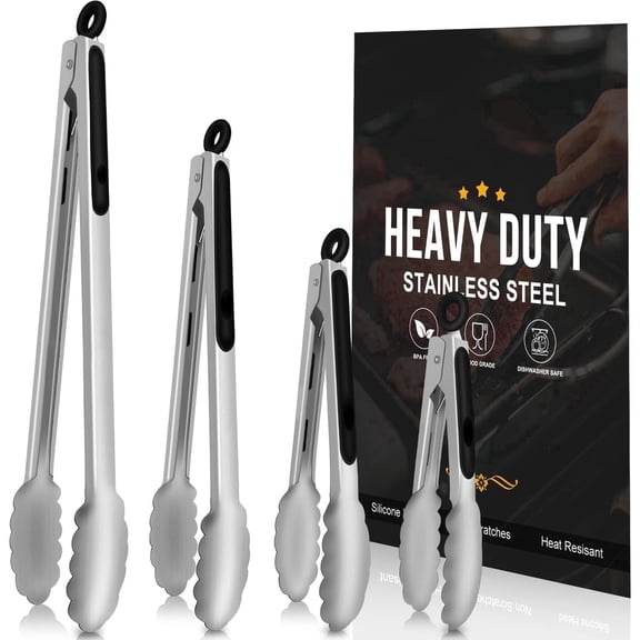 OFEFE Grill Tongs-BBQ Tongs Heat Resistant 600 Degrees,Grill Tongs for Outdoor,Heavy Duty Metal, Perfect for Cooking,Set of 4, 7",9",12" & 14",Black