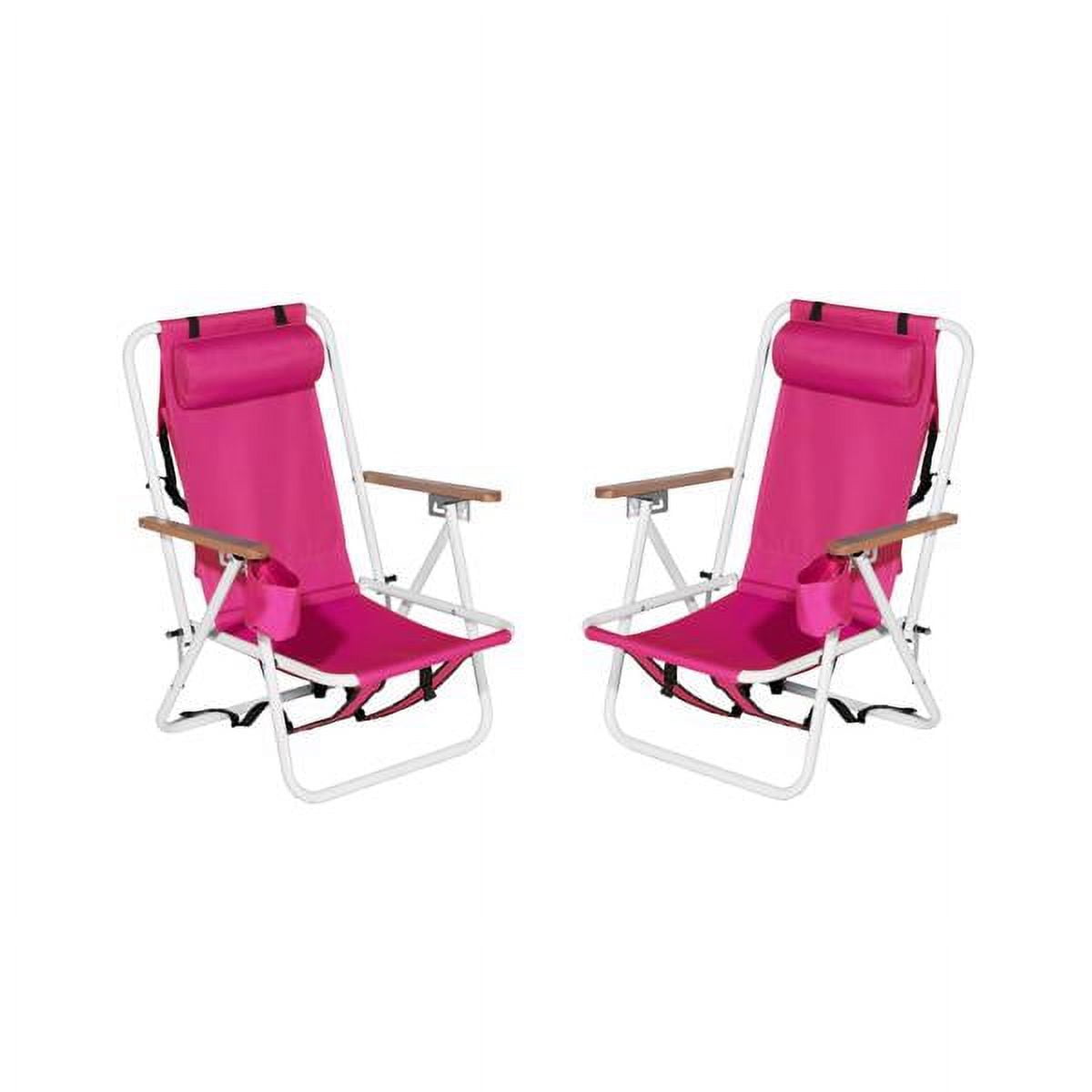 2 Pack Beach Chairs with Headrest & Cup Holder, Portable Backpack Camping Chairs 4-Position Lightweight Folding Chairs Support 265lbs - Pink