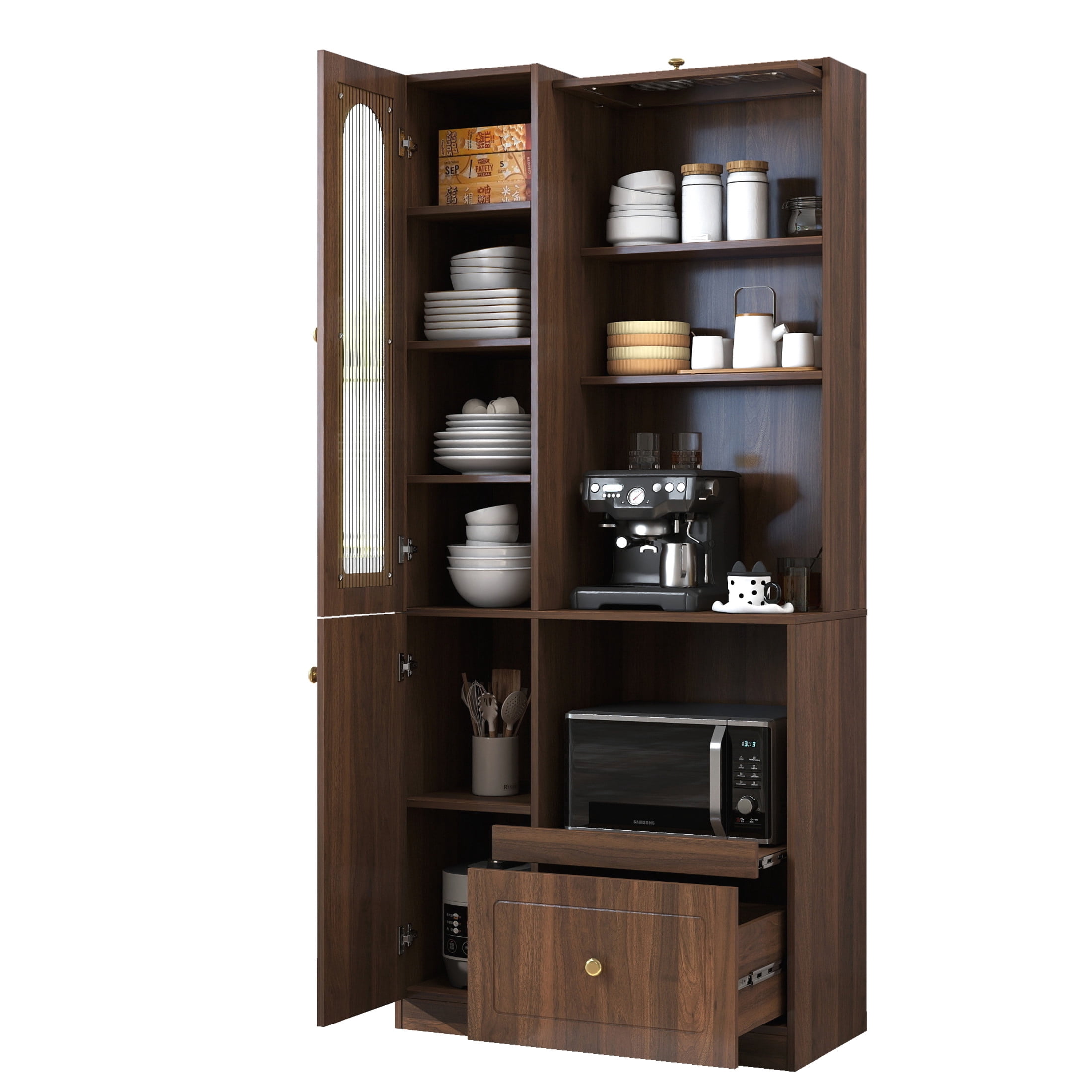 Noble House Oprah Farmhouse Kitchen Pantry Cabinet with Doors & 7-Tier Shelf, Coffee Bar Storage Buffet, Walnut