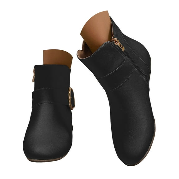 Dakaela Flat Ankle Booties for Women Leather Round Toe Fall Boots Wide Width Walking Shoes with Buckle