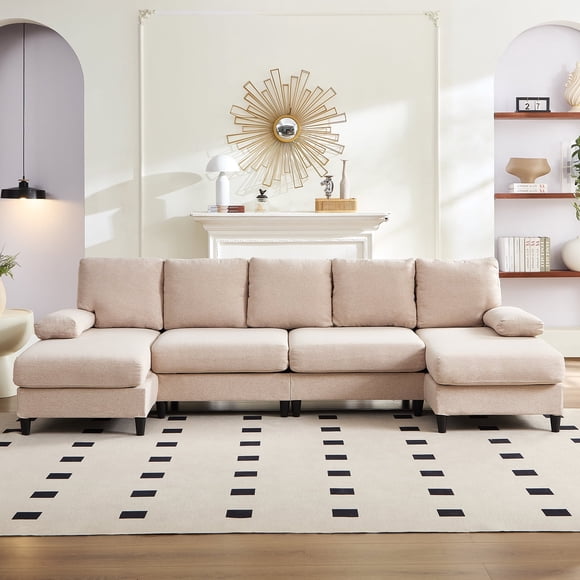 Mjkone U-Shaped Sectional Sofa, 4 Seater Sectional Couch with Chaise,Linen Modular Sleeper Sectionals for Living Room-Beige