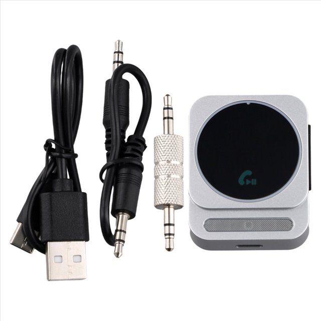 Adaptador Bluetooth 5.3 AUX para Coche Receptor de Audio Bluetooth Adaptador de Música para Coche con Cancelación Micrófonos Incorporados Manos Gris Plateado