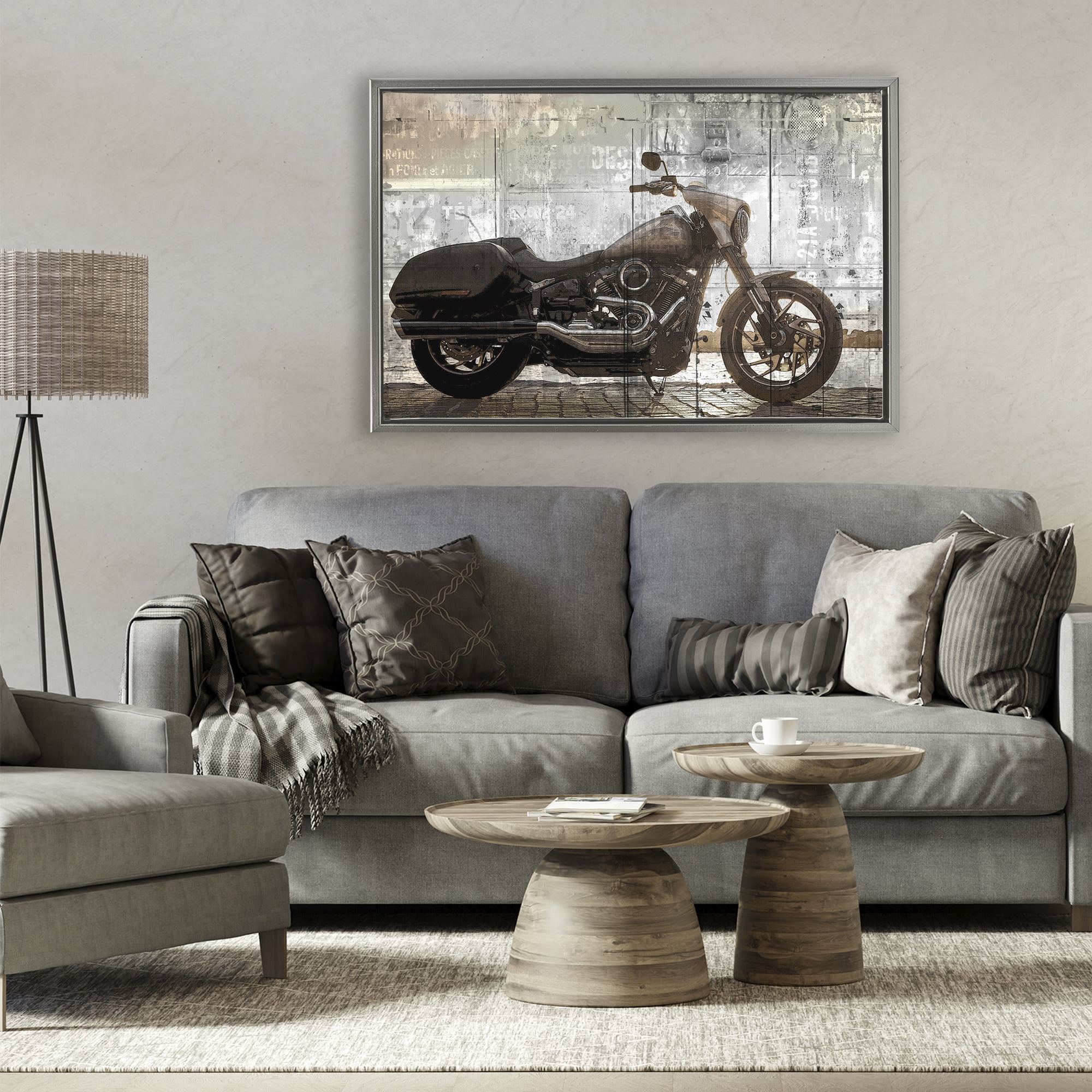 Stupell Industries Sunset Ride Motorcycle Gray Framed Floater Canvas Wall Art, design by Kim Allen