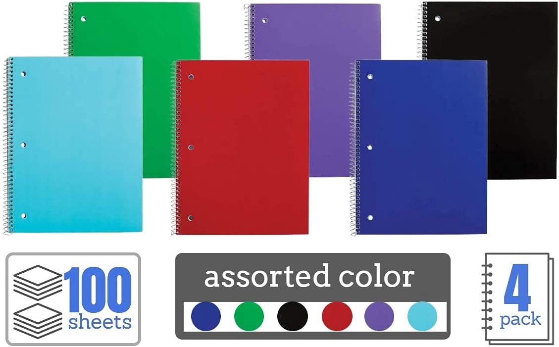 4 books / pack 100 Ct. Quad-Ruled 4-1" Spiral Notebook Assorted color