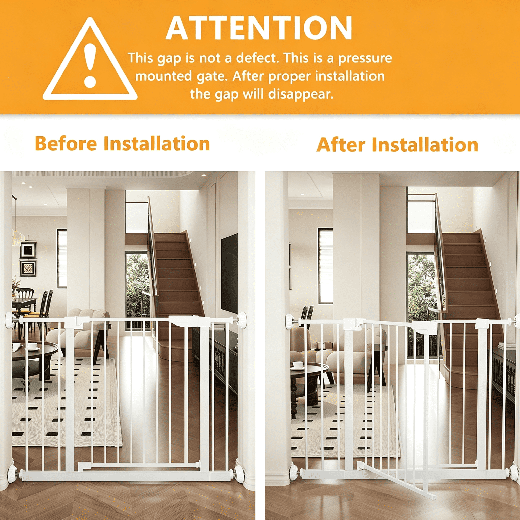 29.5-45.3" Wide Baby Gate with wall protector for Stairs, Dog Gate Indoor for Doorways, No Drilling Pressure Mounted Pet Gates for Kids, Easy Walk Through Safety Gate, White