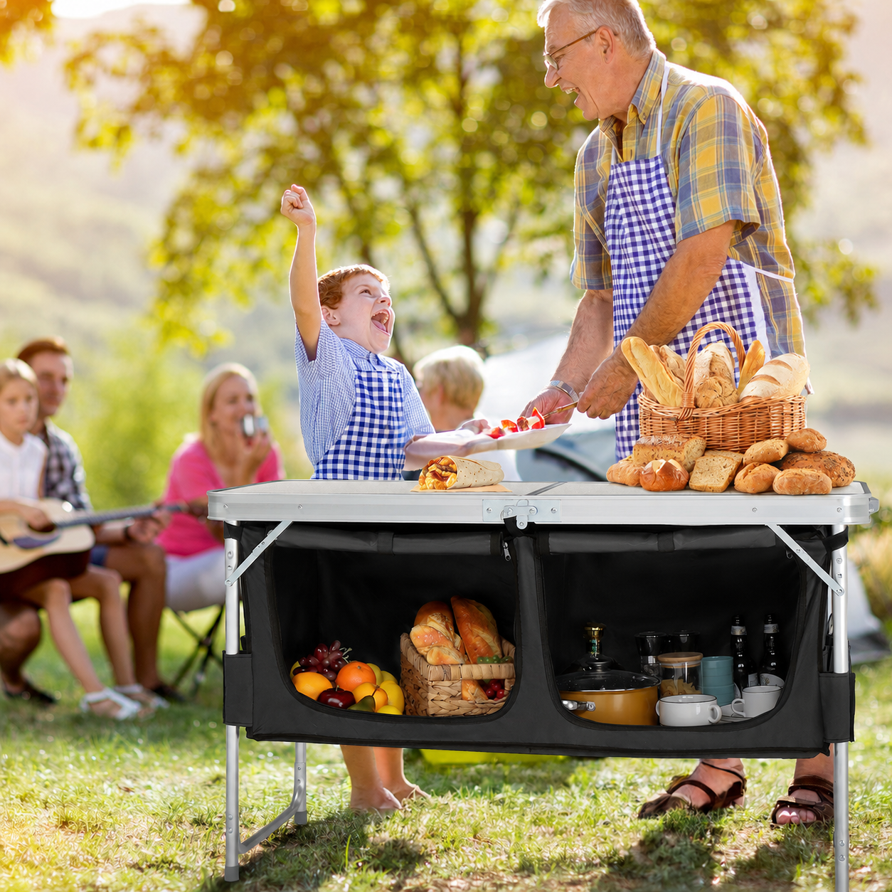 4FT Portable Folding Camping Table with Storage, Aluminum Outdoor Cooking Station with 2 Adjustable Legs, Black