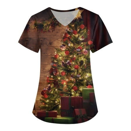 

Ovticza Womens Scrubs Christmas Tree with Pockets Xmas V Neck Nursing Short Sleeve Plus Size Holiday Christmas Funny Scrub Tops Women Brown 2XL