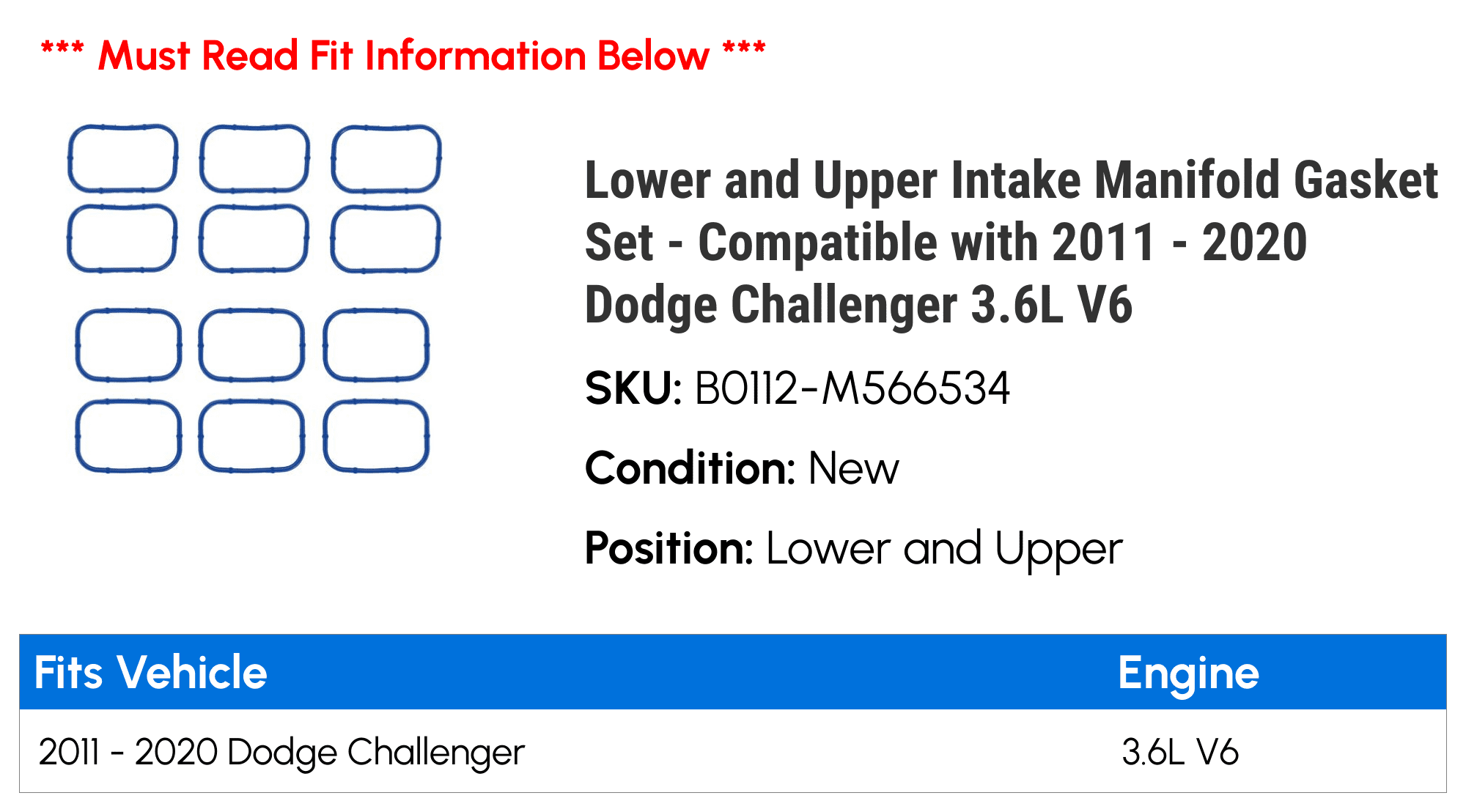 Lower and Upper Intake Manifold Gasket Set - Compatible with 2011 - 2020 Dodge Challenger 3.6L V6 2012 2013 2014 2015 2016 2017 2018 2019