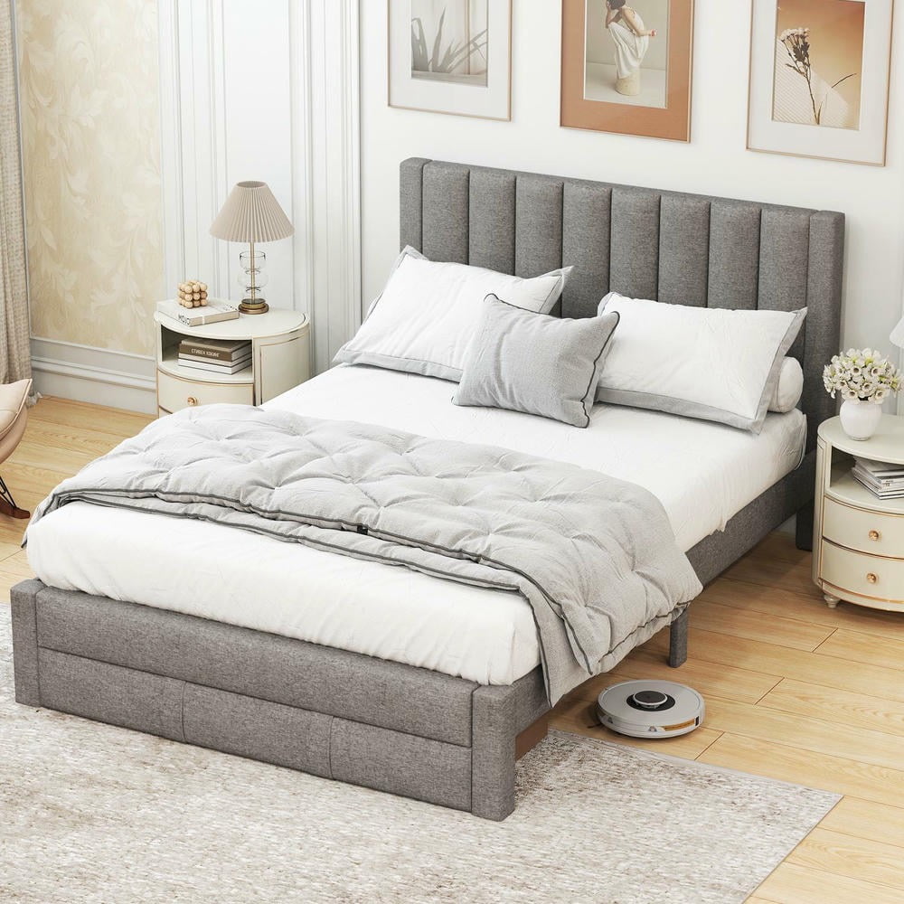 Barara King Queen Size Bedroom Bed Frame with Storage Drawer and Vertical Channel Headboard, Bed Platform Frame for Apartment, Bedroom, Beige