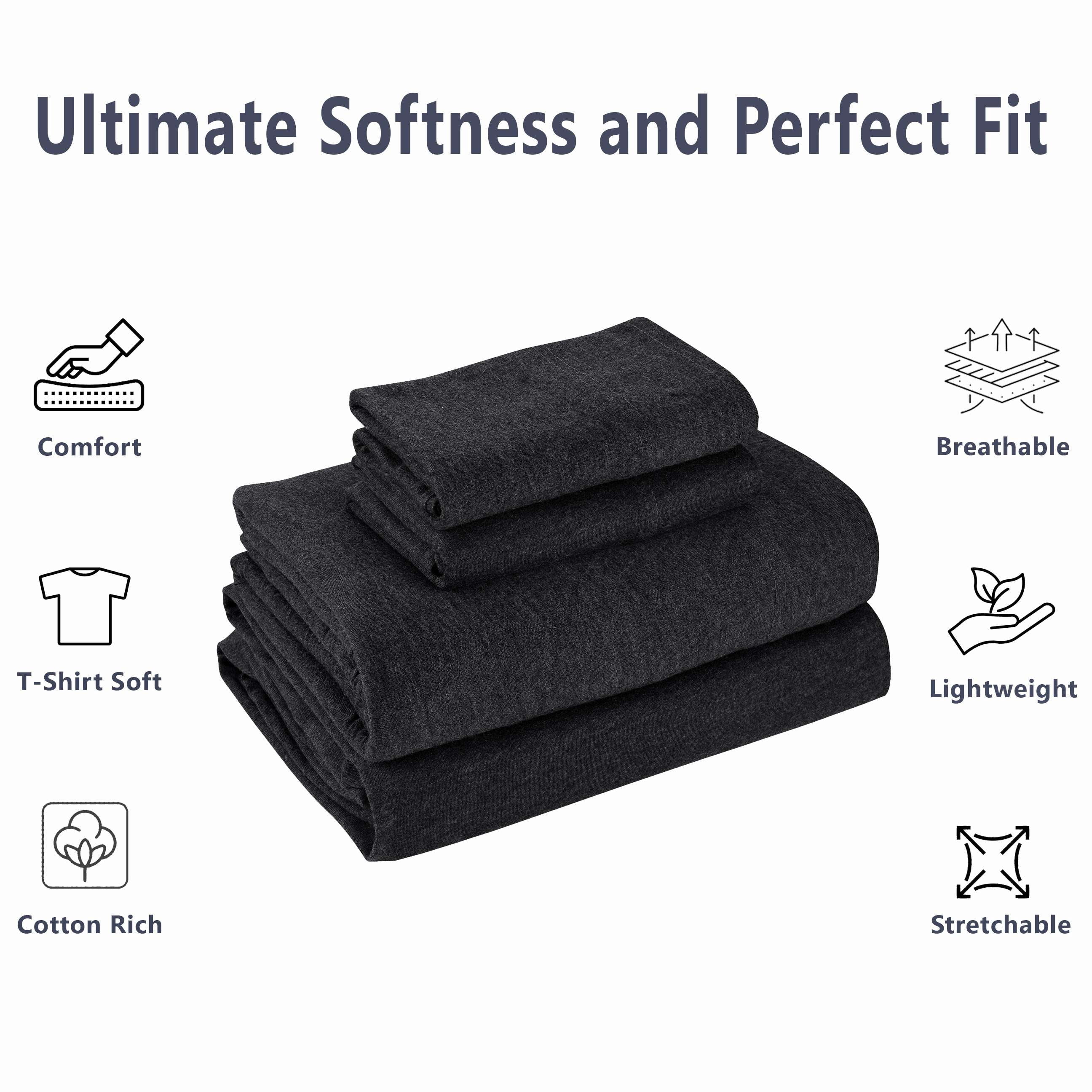 Mainstays Cotton Rich Extra Soft Jersey Bed Sheet Set, Twin-XL, Black, 3 Pieces