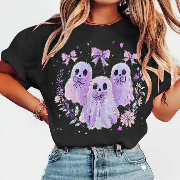 Jsaierl Halloween Shirts for Women Plus Size Pumpkin Ghost Graphic Tees Classic Round Neck T-shirt Short Sleeve Tunic Blouse Tops Halloween Gifts